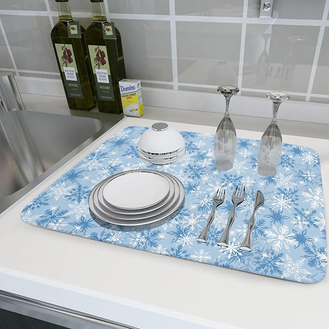 Winter Snowflake Dish Drying Mat for Kitchen Counter Blue White Christmas Snowflake Drying Mat 18x24 Inch Xmas Holiday Absorbent Dish Drainer Mat Christmas Kitchen Accessories