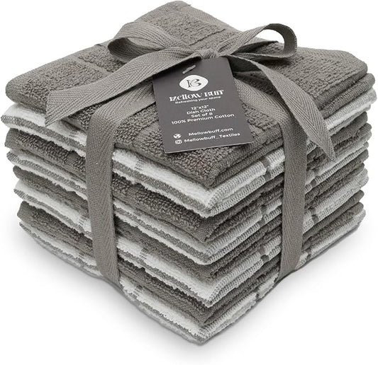 100% Cotton Terry Dish Cloth & Dish Towel, 8 Pack, Super Soft and Absorbent Kitchen Towels, Perfect for Kitchen Cleaning and Dish Washing (Grey (Solid and Checks) 8 Pack)