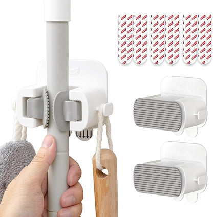 TAILI Mop and Broom Holder Wall Mount Grippers, 3 Hangers and 8 Adhesive Strips, Damage Free Hanging Wall Mount, Household Cleaning Organizer for Organization and Storage, Holds up to 4 lbs, Grey