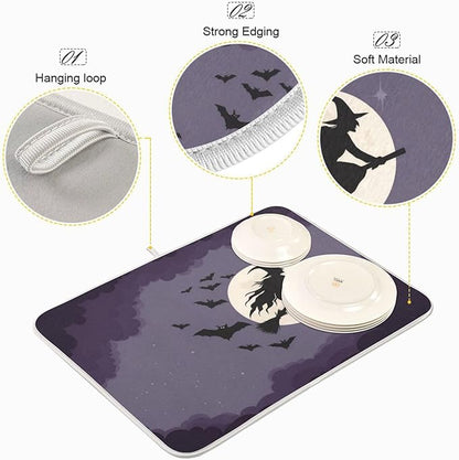Halloween Flying Witch Oversized Dish Drying Mat Dish Drying Pad for Kitchen Counter Heat Resisant Mat 16 x 18 Drying Matt