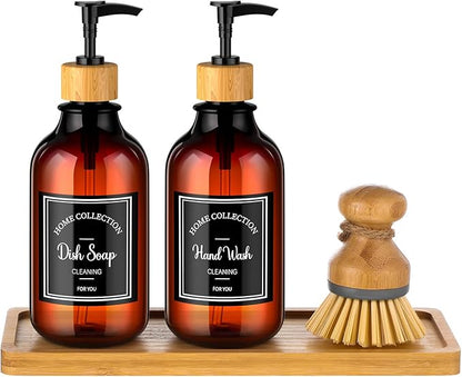 Zopeal 4 Pcs Kitchen Soap Dispenser Set with Bamboo Tray and Dish Brush Plastic Soap Dispenser Set with Waterproof Labels for Hand Dish Lotion(Brown)