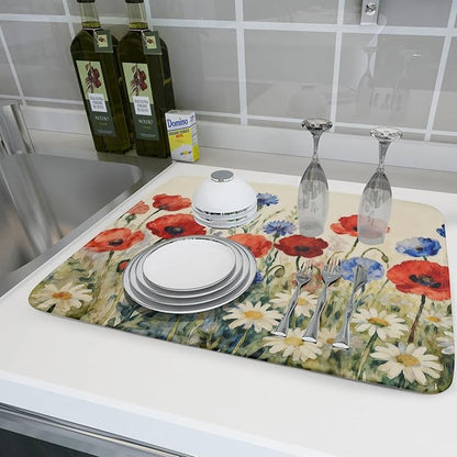 4th of July Dish Drying Mat for Kitchen Counter 18x24 Red Blue White Patriotic Floral Memorial Day Holiday Absorbent Reversible Microfiber Drying Mats Kitchen Countertop Protector Dishes Drainer Pad