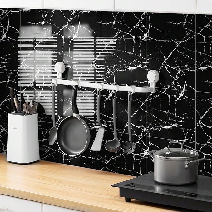 Chejiaye 10pcs Marble Peel and Stick Backsplash Waterproof Washroom Wall Panels, Peel and Stick Tile, PVC Wall Panels for Kitchen (Black Marble Tiles, 11.8" x 11.8" x2.5MM x 10Pack)