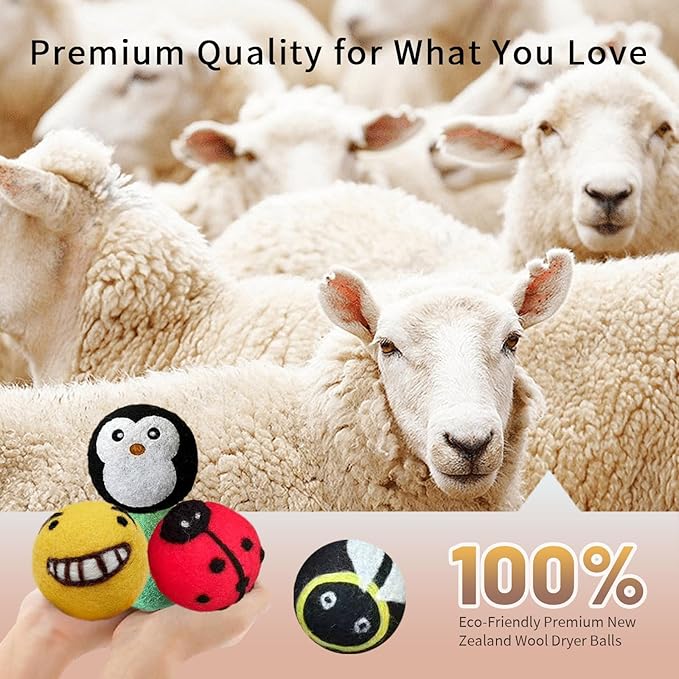 Bumblebee Wool Dryer Balls 6-Pack,Natural Fabric Softener Replacement, Vibrant Multi-Tone Design, Year-Round Static Control - Shorten Dryer Time for Kids' Clothes, Blankets & Delicates
