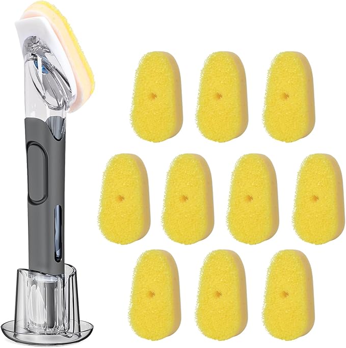 Soap Dispensing Replacement Dish Brush Storage Set with 10 PCS Sponge Refills & Holder - RIMAY Dispenser Scrub Cleaning Scrubber Kitchen Dishwashing Dish Wand Handle for Dishes/Pans/Pots/Sink(Yellow)