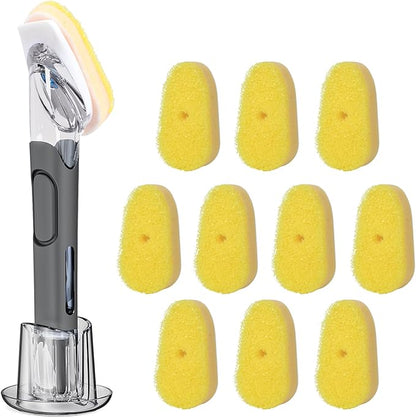 Soap Dispensing Replacement Dish Brush Storage Set with 10 PCS Sponge Refills & Holder - RIMAY Dispenser Scrub Cleaning Scrubber Kitchen Dishwashing Dish Wand Handle for Dishes/Pans/Pots/Sink(Yellow)