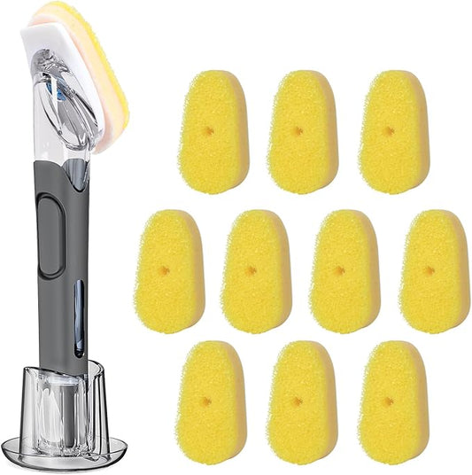 Soap Dispensing Replacement Dish Brush Storage Set with 10 PCS Sponge Refills & Holder - RIMAY Dispenser Scrub Cleaning Scrubber Kitchen Dishwashing Dish Wand Handle for Dishes/Pans/Pots/Sink(Yellow)