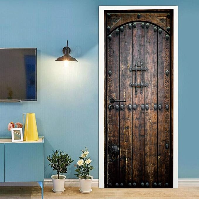 3D Peel and Stick Murals - Wooden Door Wallpaper Self-Adhesive Removable PVC Waterproof Poster for Bedroom Living Room 37.4 x 82.7 inch