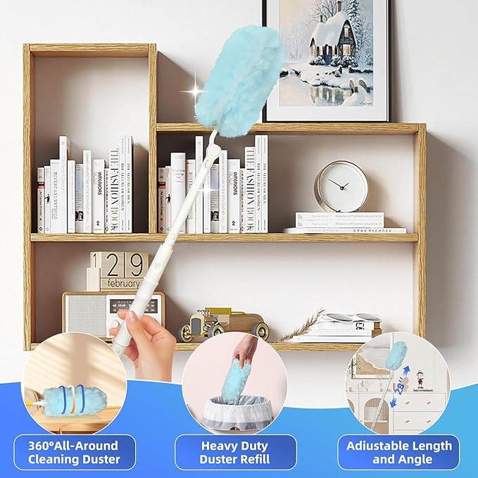 30-Pack Duster Refills Compatible for Swiffer Duster, 360° Heavy Duty Dusting Kit with 1 Extended Handle and 1 Short Handle, Multi-Surface Cleaning Kit for Blinds Bookshelf Furniture Ceiling Fans