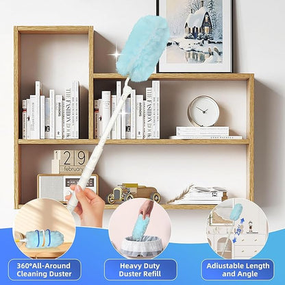 30-Pack Duster Refills Compatible for Swiffer Duster, 360° Heavy Duty Dusting Kit with 1 Extended Handle and 1 Short Handle, Multi-Surface Cleaning Kit for Blinds Bookshelf Furniture Ceiling Fans