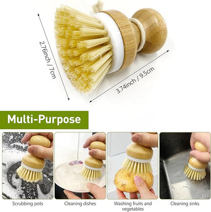 Kitchen Dish Brush, Natural Bamboo Dishwashing Scrubber for Cleaning Dishes, Pots, and Pans with Hanging Rope