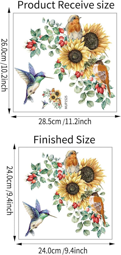 Sunflower Wall Stickers & Murals Bird Wall Decals Peel and Stick Yellow Flower Window Clings Watercolor Hummingbird Art Decor Wall Clings Kitchen Cabinet Decals for Bathroom Toilet Tank Girls Bedroom