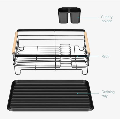 Navaris Dish Drainer Rack - Plate, Silverware, Pots and Pans Drying Rack for Kitchen with Beechwood Handles - Modern Retro Design Drip Tray - Black