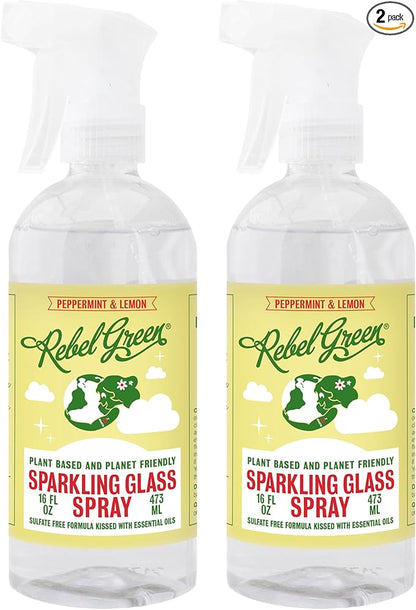 Rebel Green Sparkling Glass Spray - Streak-Free Natural Glass Cleaner for Windows, Mirrors, and Surfaces - Peppermint & Lemon Scent - 16 oz - 2 Pack