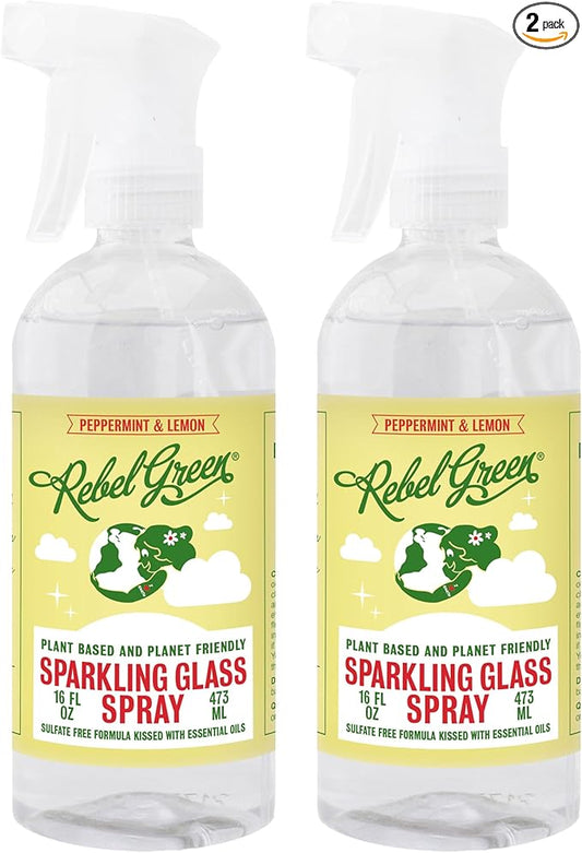 Rebel Green Sparkling Glass Spray - Streak-Free Natural Glass Cleaner for Windows, Mirrors, and Surfaces - Peppermint & Lemon Scent - 16 oz - 2 Pack