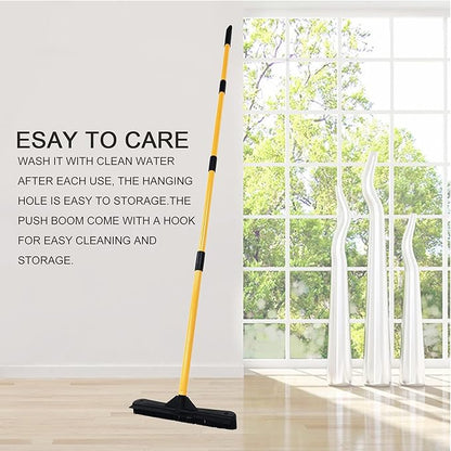 Push Broom,Pet Hair Removal Broom with Squeegee,Soft Silicone Bristle Broom with Long Handle,Non Scratch Carpet Sweeper Brush for Cat Dog Hair Hardwood(Orange) Extra Long for Tall People