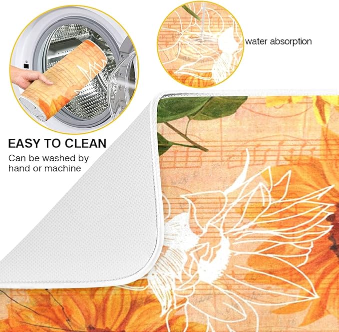 Super Absorbent Dish Drying Mat, Microfiber Fast-Drying Dish Mat, 16" x 18", Kitchen Dish Drying Pad, Watercolor Sunflowers