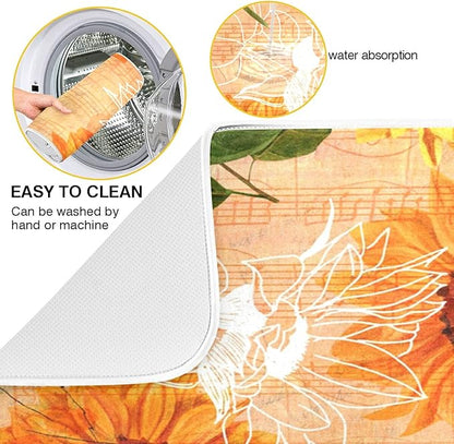 Super Absorbent Dish Drying Mat, Microfiber Fast-Drying Dish Mat, 16" x 18", Kitchen Dish Drying Pad, Watercolor Sunflowers