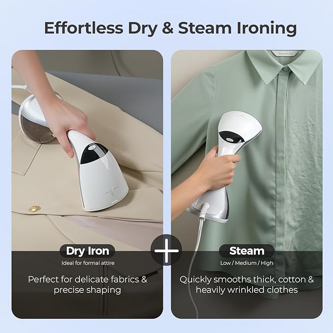 Steamer for Clothes, 20S Heat Up, 1500W & 3 Steam Settings, Ceramic Soleplate with 13-Vent, 2-in-1 Clothing Iron Wrinkle Removal for All Fabrics, Portable & Travel-Ready