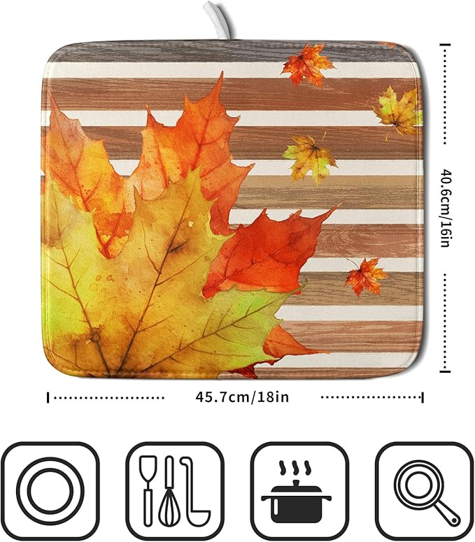 Autumn Golden Maple Leaf Dish Drying Mat for Kitchen Counter,Rural Wood Light Brown Stripes Drying Mat 16 x 18 Inch Microfiber Dish Drying Pad Dish Rack Drainer Mat for Coffee Bar
