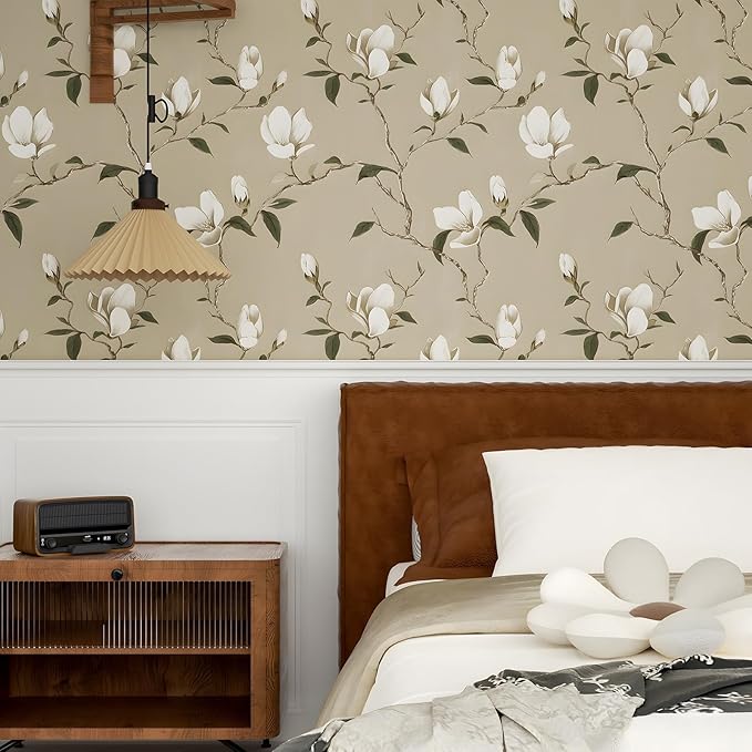 Laatse Floral Wallpaper Peel and Stick Vintage Flowers Contact Paper Waterproof Self Adhesive Removable Khaki Botanical Modern Wall Paper for Bedroom Walls Cabinet Locker 17.5" X 118"