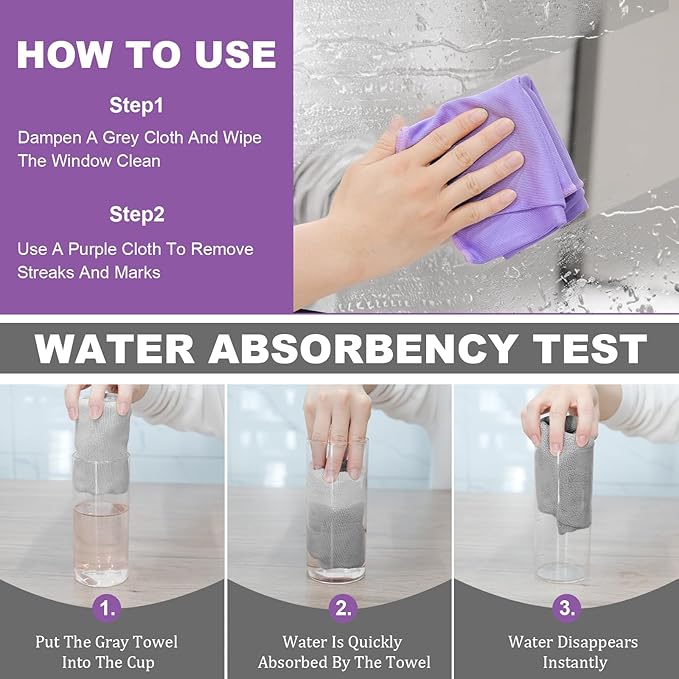 Window & Enviro Cleaning Cloth Kit (Purple & Grey) - Streak-Free With Just Water, Purple Window Cloth Cleans Smooth Surfaces, While Grey Cloth Is Suitable For Most Items. Reusable & Machine Washable.