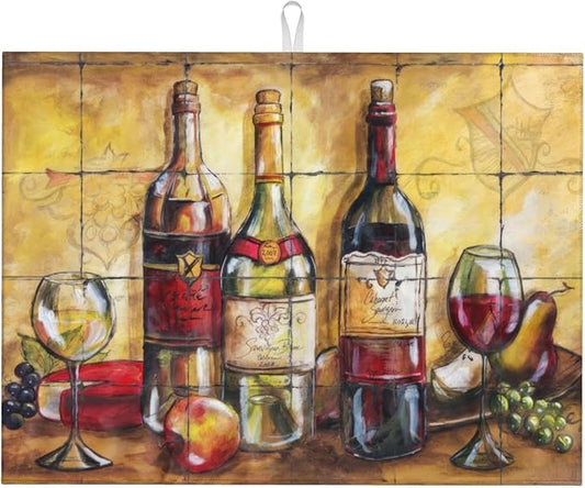 Retro Wine Drinks Pattern Dish Drying Mats for Kitchen Counter, Absorbent Reversible Microfiber Dish Drying Pad, Multi-Use Large Drying Mat Coffee Bar Accessories 18"x24"