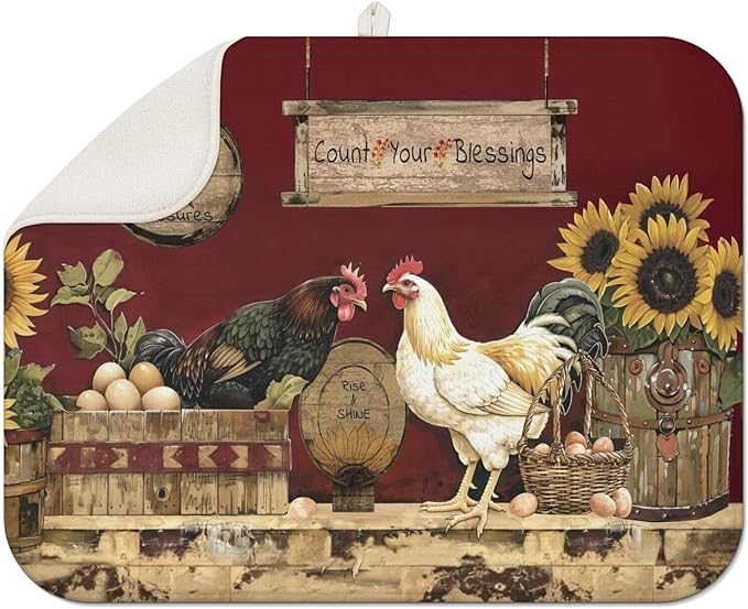 Dish Drying Mat Drainer Pads - Extra Large Microfiber Drying Mats for Dishes Kitchen Counter Super Absorbent Pads for Draining Racks (Chicken,18"x24" )