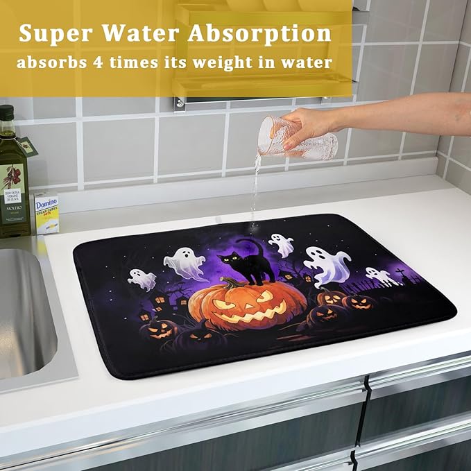 Halloween Ghost Pumpkin Dish Drying Mat for Kitchen Counter 18x24 Black Cat Holiday Scary Theme Absorbent Reversible Microfiber Drying Mats Kitchen Countertop Protector Dishes Drainer Pad