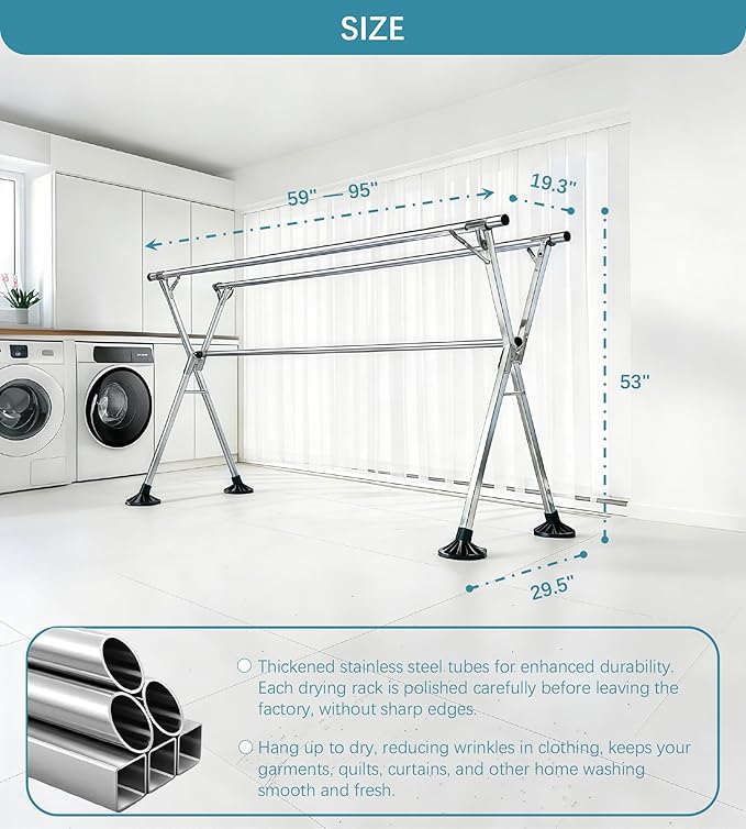 Clothes Drying Rack 95 Inches Folding Indoor Outdoor, Drying Rack Clothing Collapsible Windproof, Foldable Laundry Drying Rack, Heavy Duty Stainless Steel Clothes Rack, Coat rack, 20 Hooks 12 Clips