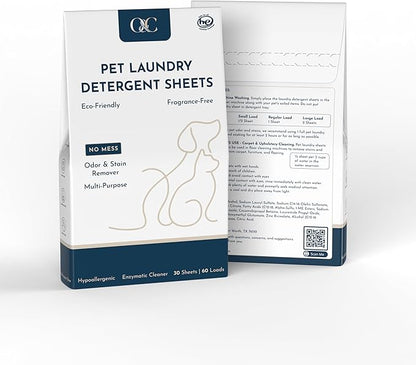 Pet Laundry Detergent Sheets Enzyme Based Odor & Pet Urine Remover-Pet Safe Laundry Sheets-Stain Eliminator-HE Washer Friendly-60 Loads-Carpet & Upholstery Cleaner