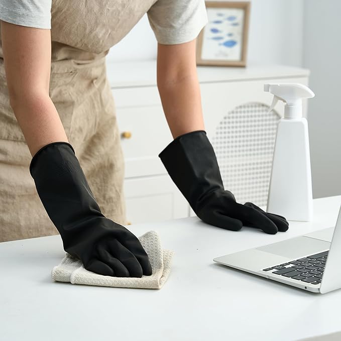 Bamllum 4 Pairs Black Rubber Dishwashing Gloves - Reusable Cleaning Gloves for Kitchen, Household, Anti-Slip, Flexible & Long-Lasting (X-Large)