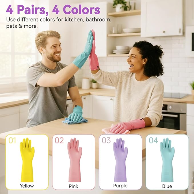 Dishwashing Rubber Gloves for Cleaning – 4 Pairs Kitchen Gloves with Handing Hooks Washing Dishes Household Glove - Medium