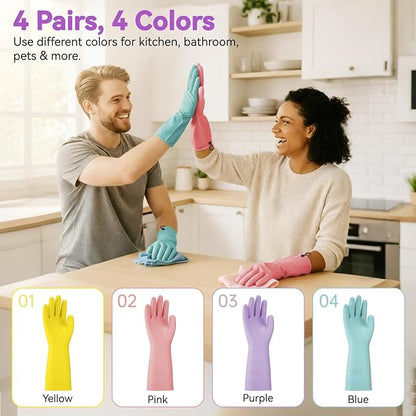 Dishwashing Rubber Gloves for Cleaning – 4 Pairs Kitchen Gloves with Handing Hooks Washing Dishes Household Glove - Medium