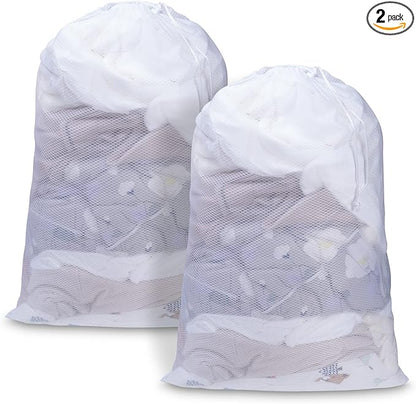 Meowoo Large Mesh Laundry Bag, 24×36inch Heavy Duty Mesh Laundry Bags Drawstring Lockable, Laundry Hamper Liner, Machine Washable, for Travel,Storage, Sports Factories, Dorms, White 2pcs