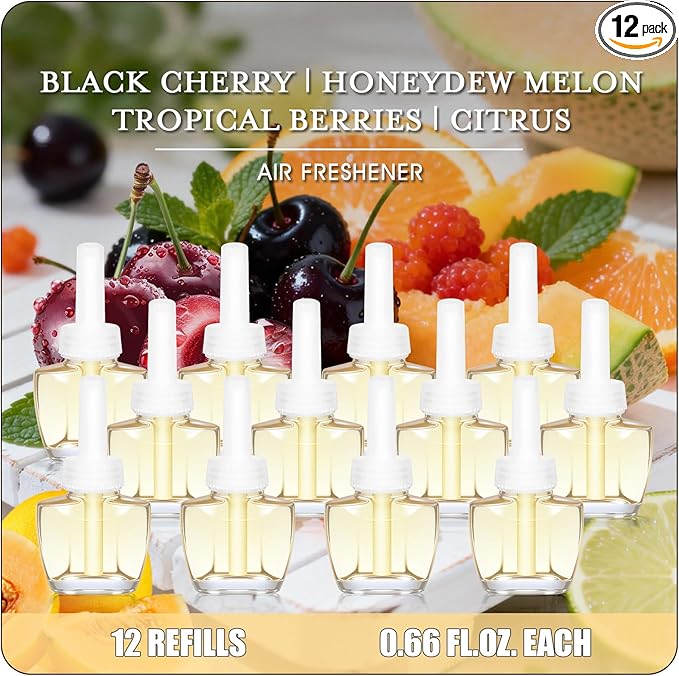 Plug In Air Fresheners for Home, 12ct – Black Cherry, Tropical Berries, Citrus, Honeydew Melon, Wall Plug in Refills, Room Freshener for Home, Compatible with Air Wick & Glade, Not for Glad Plus