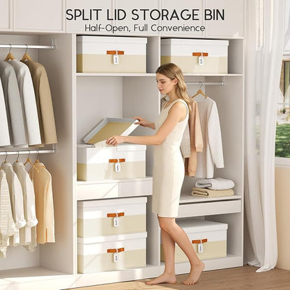 Extra Large Storage Bins - 1 Pack Closet Storage Boxes with Double-Open Lid & Divider Board, Stackable Colthes Storage Organizer, Fabric Basket with Label Tag for Home, Laundry