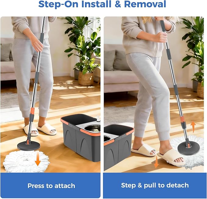 Foldable Spin Mop and Bucket System, Dual-Bucket Cleaning & Stainless Steel Wringing, Collapsible Storage with Detergent Bottle, 2 Reusable Microfiber Mop Heads for Floor Cleaning