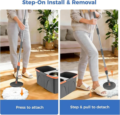 Foldable Spin Mop and Bucket System, Dual-Bucket Cleaning & Stainless Steel Wringing, Collapsible Storage with Detergent Bottle, 2 Reusable Microfiber Mop Heads for Floor Cleaning