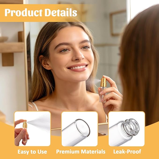 Esoes 30 Pcs Mini Perfume Spray Bottles 3ml, Clear Spray Bottle Refillable Fine Mist Atomizer, Glass Perfume Bottles Portable Empty Sample Containers for Cleaning, Essential Oils, Travel – Gold Cap
