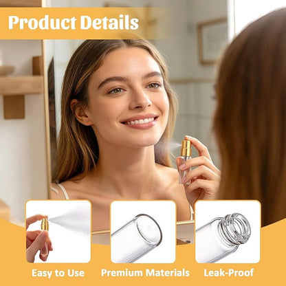 Esoes 30 Pcs Mini Perfume Spray Bottles 3ml, Clear Spray Bottle Refillable Fine Mist Atomizer, Glass Perfume Bottles Portable Empty Sample Containers for Cleaning, Essential Oils, Travel – Gold Cap