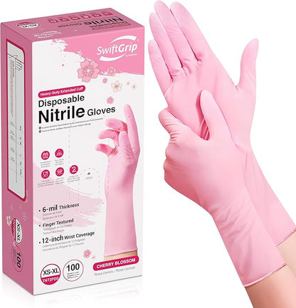 Disposable Nitrile Dishwashing Gloves, Extended 12 Inches Cuff, 6-mil, Cherry Blossom Cleaning Gloves, Latex-Free