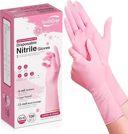 Disposable Nitrile Dishwashing Gloves, Extended 12 Inches Cuff, 6-mil, Cherry Blossom Cleaning Gloves, Latex-Free