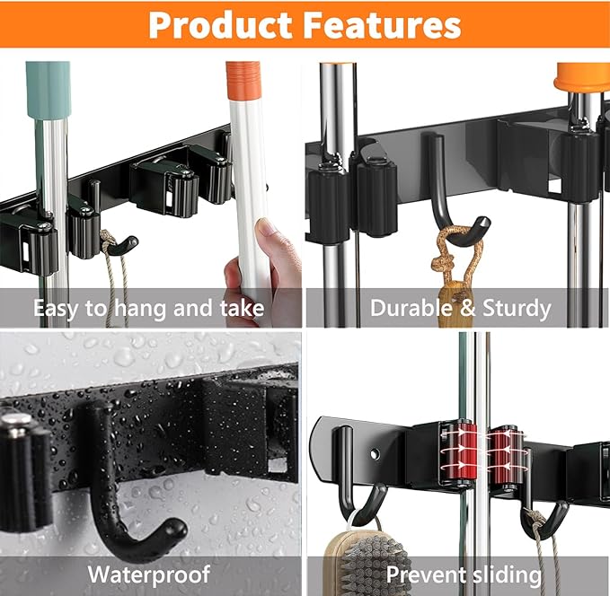 CUXIXA 2 Pack Mop and Broom Holder Wall Mount, Non-slip Broom Hanger Wall Mount, Heavy Duty Mop Broom Organizer for Kitchen Garden Garage Laundry Room Wall Decor Organization and Storage Black 4R5H