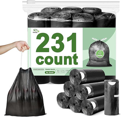 231 Count-Small Trash Bags,4 Gallon Trash Bag Drawstring,Bathroom Garbage Bags,Tear-Free Garbage Bags,Plastic Wastebasket Liners for Toilet Home Office and Bedroom(Black）