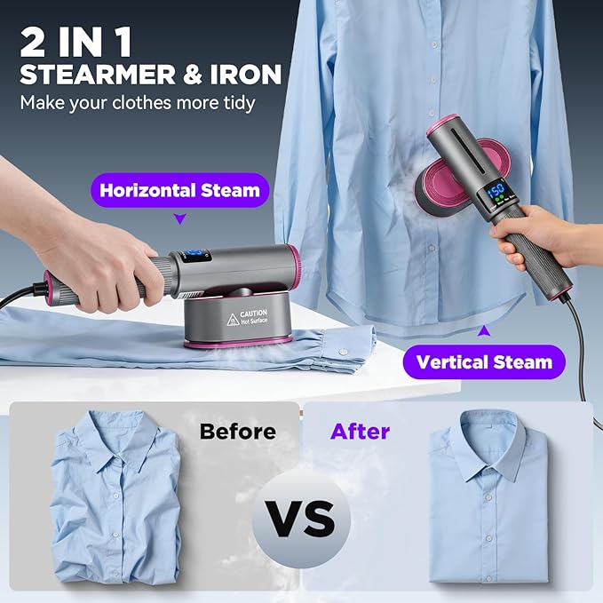 Travel Steamer for Clothes, 2-in-1 Steam Iron & Garment Steamer with Fast Heat-Up, 1200W Portable Handheld Clothes Steamer, Large Ceramic Heat Panel Quick Wrinkle Removal for Home/Travel/Hotel