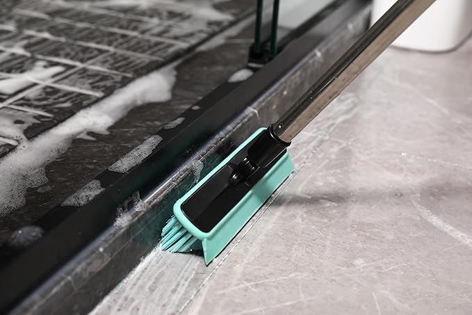 Grout Cleaner Brush with Long Handle, V-Shaped Floor Scrub Brush Swivel Grout Brush Stiff Bristle Floor Grout Scrubber for Bathroom, Tile Line, Crevice, Kitchen, Wall, Deck, Garage (Green)