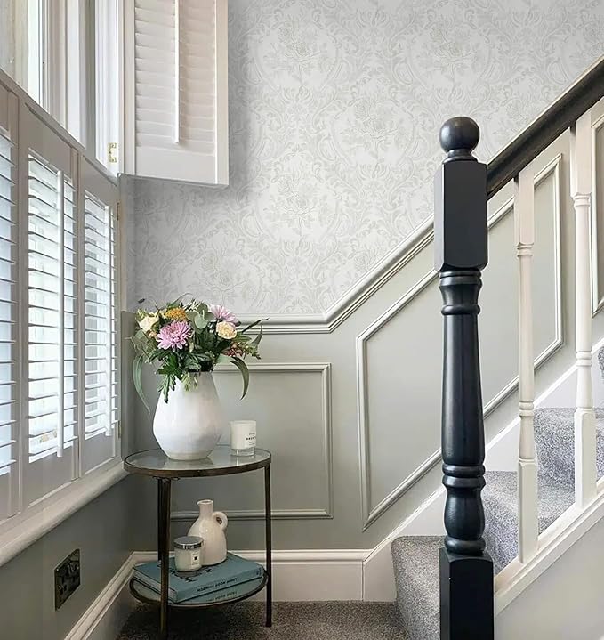Ismoon Peel and Stick Wallpaper Vintage Floral Contact Paper Boho White and Grey Watercolor Damask Wallpaper Textured Removable Self Adhesive Vinyl Wall Paper for Bedroom, 17.3 in X 6.5 ft