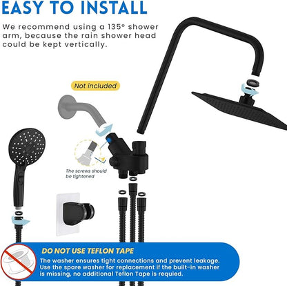 Ryamen Dual Shower Head Combo, 8'' High Pressure Rain Shower Head with Handheld Spray, 6 Settings Handheld Showerhead, 15" Height Adjustable Slide Bar, Angle Adjustable, Matte Black