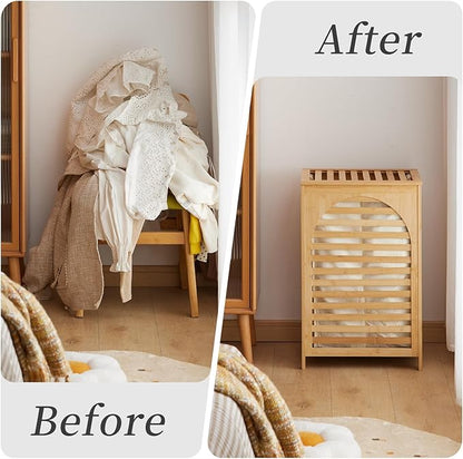 Laundry Hamper with Lid,Bamboo Large Waterproof Clothes Laundry Basket,Removable Washing Bags with Handles,clothes basket (Natural)